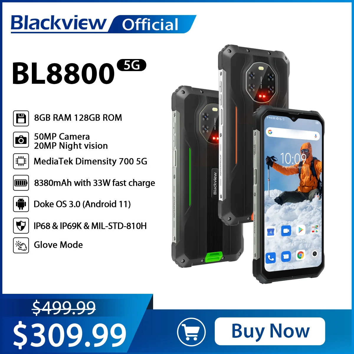 

World Premiere Blackview BL8800 Rugged Smartphone 6.58" Display 5G Phone 8GB 128GB Night Vision 8380 mAh Battery Global Version