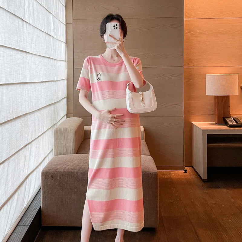 

Женское платье с коротким рукавом и круглым вырезом, в полоску, из ледяного шелка, тонкое платье для беременных, летняя одежда для беременных