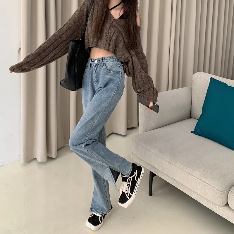 

N1859 New style jeans women's straight slit loose and thin high-waisted trousers jeans