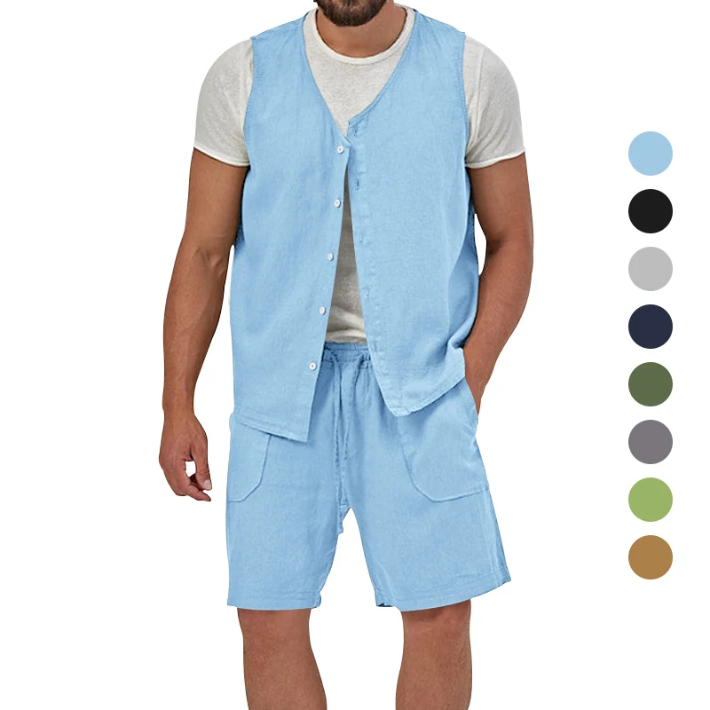 

2023 New Men's Summer Sleeveless Jacket Suit Casual Breathable Solid Color Sleeveless Vest Beach Shorts Fashion Men Set