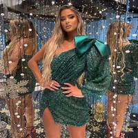 bling prom dresses 2022 one shoulder emerald green long puff sleeves mini short cocktail gown glitter party dress