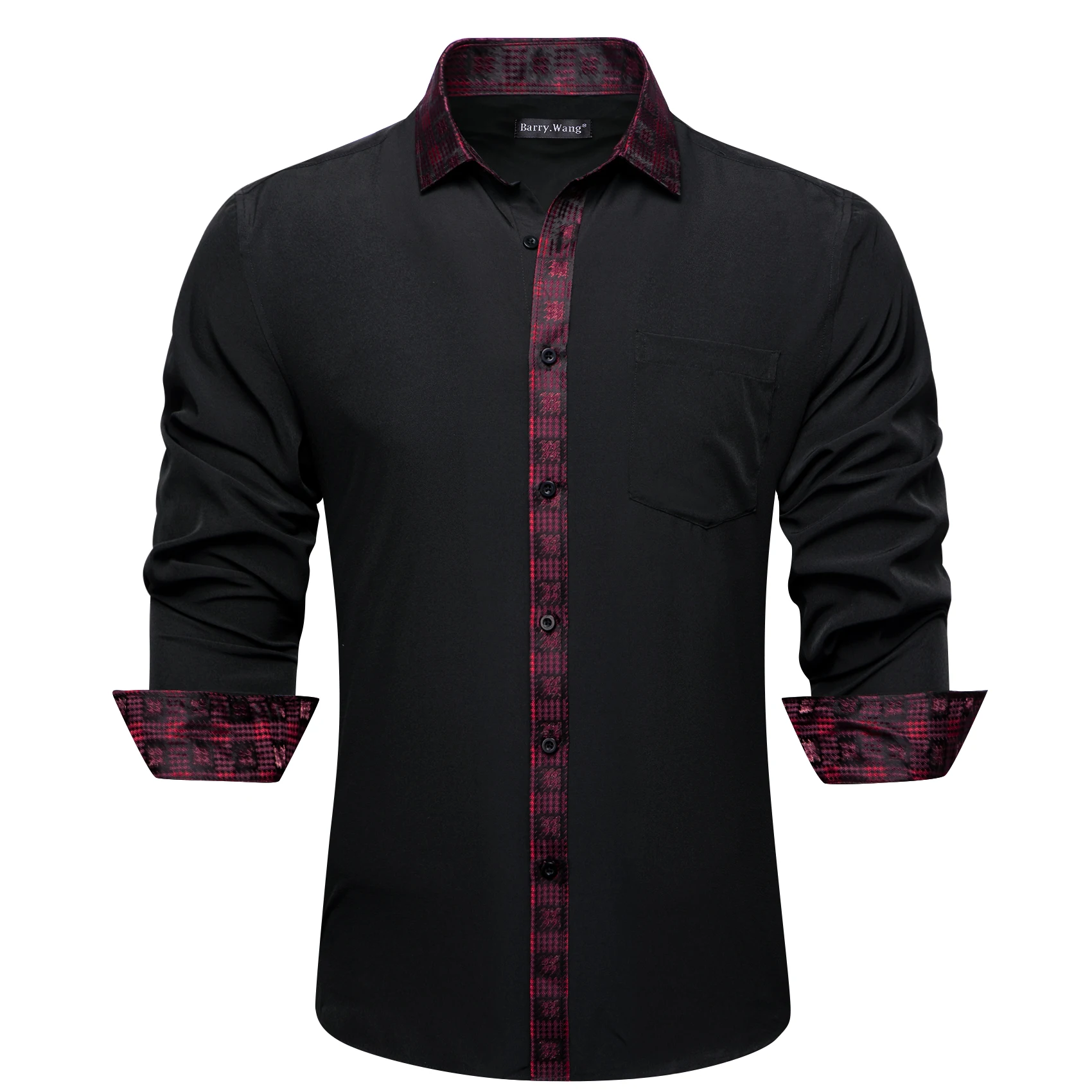 

Luxury Shirts for Men Silk Long Sleeve Black Red Solid Patch Slim Fit Male Blouses Casual Turn Down Collar Barry Wang