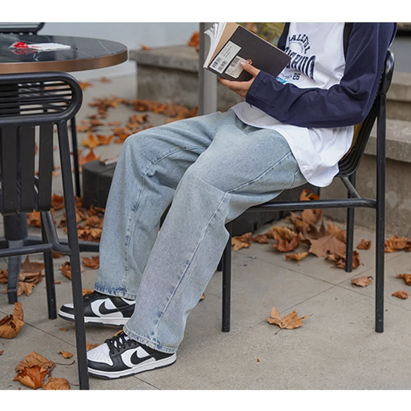 Men Clothing 2022 New Pattern Vintage Recreational Wathet Pants Straight Cylinder Comfortable Versatile Loose Jeans Autumn Women