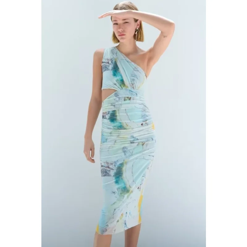 

Summer 2023 new design print tulle slanted shoulder sleeveless dress