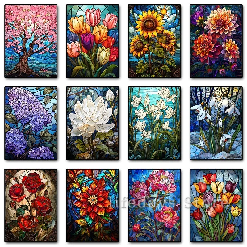 Цветочный витраж тюльпан Сакура подснежники подсолнечник роза плакат печать на