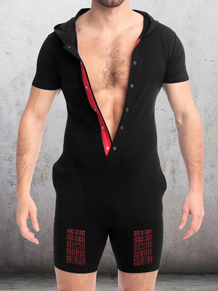 

Casual Short Sleeve V-Neck Button-up Jumpsuits Men's Fashion Solid Color Rompers Pants Male New Summer Sexy Homewear Playsuits