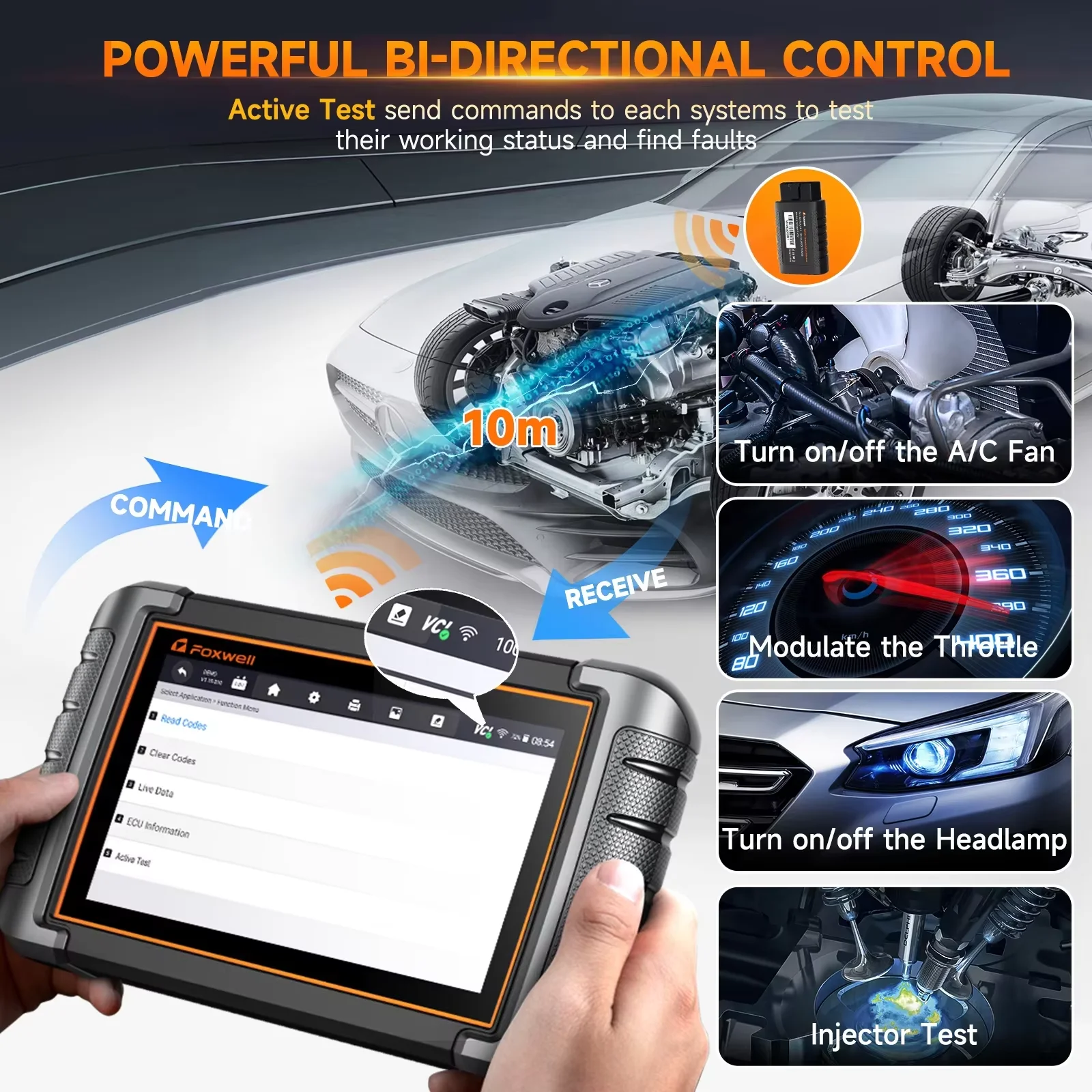Фото Диагностический инструмент для автомобилей с поддержкой OBD2 и Bluetooth, двустороннее тестирование всех систем, сброс 30+ функций IMMO, считыватель кодов, сканер FOXWELL NT809BT OBD2. №4