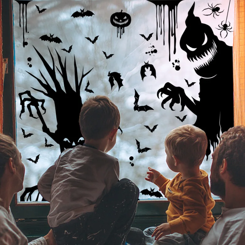 

Halloween Ghost Monster Ghost Shadow Bat Window Stickers Witch Skeleton Helloween Party Scary Scene Decor Props Wall Stickers