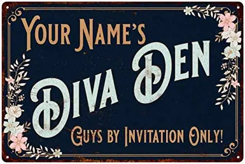 

Diva Den Sign Your Name She Shed Shack Signs Victorian Tin Wall Art Decorations Plaque Her Vintage Blue Babe Cave Gift