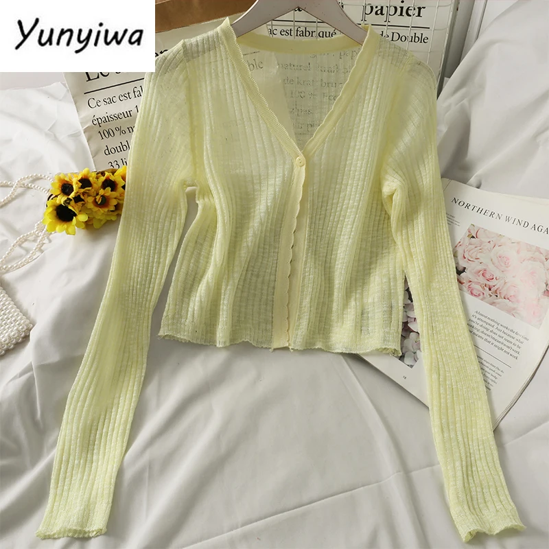 Женский трикотажный кардиган с длинным рукавом розовый прозрачный Укороченный