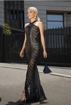 2022 Summer Women Luxury Prom Gowns Black Sequined Stripe Maxi Long Halter Sleeveless Celebrity Evening Formal Party Dresses