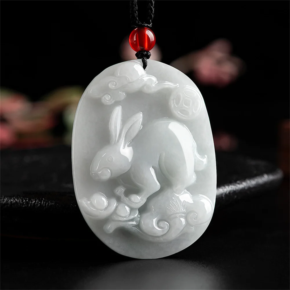 

Vintage Natural Green Jadeite Carved Cute Zodiac Rabbit Lucky Pendant Amulet Necklace Certified Retro Woman Man's Jewelry Gift