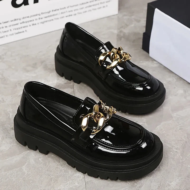 

2022 Female Shoes Women Fashion Mary Janes Round Toe Flats Loafers Oxfords Platform Casual Metal Chain Buckle Ladies Heels Black