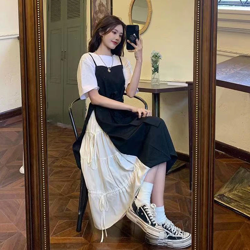 

Kawaii сказочное винтажное платье-рубашка на бретельках длинное пляжное богемное Лолита летнее корейское модное во французском стиле пэчворк...