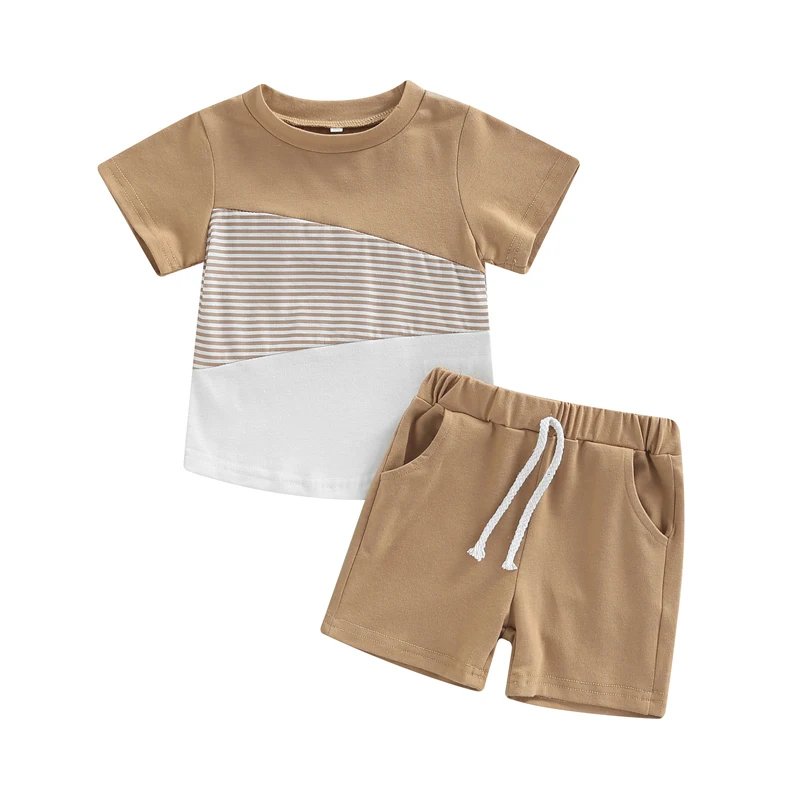 

Baby Boys 2PCS Pants Suit, Short Sleeve Patchwork Crew Tees + White Straps Short Pants, Toddler Boys Summer Casual Outfit