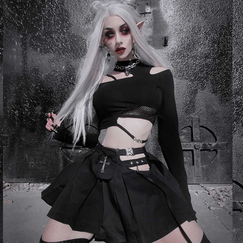 

Goth Cyberpunk Y2k Gothic T-shirt Women Streetwear Harajuku Emo Mesh Patchwork Hollow Out Long Sleeve Irregular Crop Tee Tops