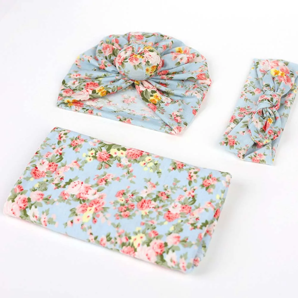 

Baby Vintage Print Child 3 Pcs Suit Newborn Anti Shock Swaddle Wrap Turban Hats Donut Hat Headband Blanket Set Four Seasons