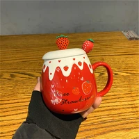 redpink strawberry ceramic mugs girl heart spoon with lids large capacity creative home breakfast coffee cups friends gift