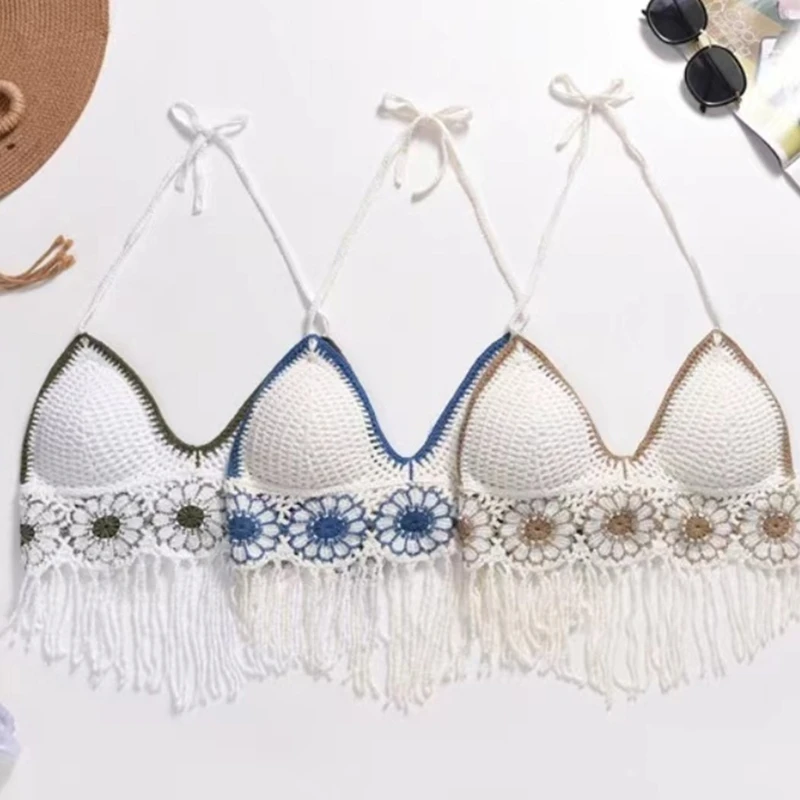 Женский этнический вязаный крючком топ с вышивкой на шее