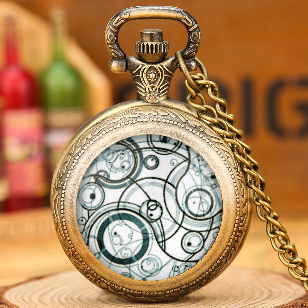 

Retro Medium Size Space Exploration Hero Time Lord Design White Geometric Design Quartz Pocket Watch Fans Necklace Cosplay Gifts