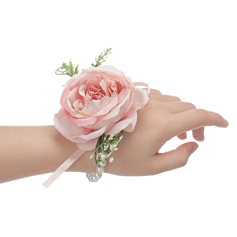 

Bridesmaid Pearl Wrist Corsage Sisters Handmade Hand Flower Artificial Silk Rose Ribbon Bracelet Bridal Wedding Party Decor