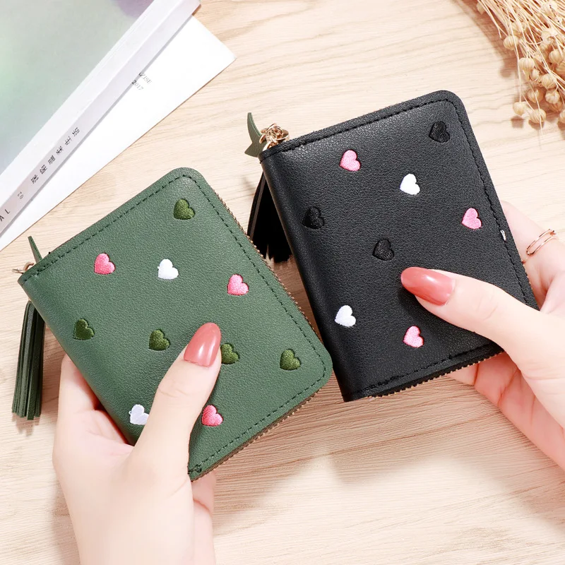 

Women Zipper Embroidery Credit Card Purse Holder Simplicity Mini Coin Small Wallet Cute Tassel Ladies Stylish Short Heart