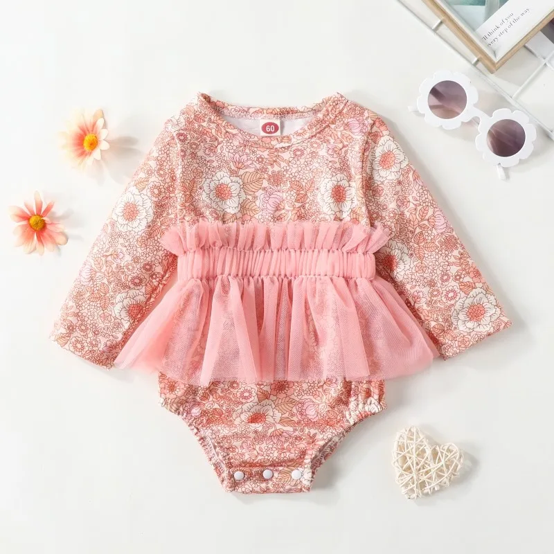 

Synpos Baby Girls Sweet Floral Bodysuit Pink Flowers Print Long Sleeve Mesh Lace Patchwork Romper Baby Girl Clothes 0-18 Months