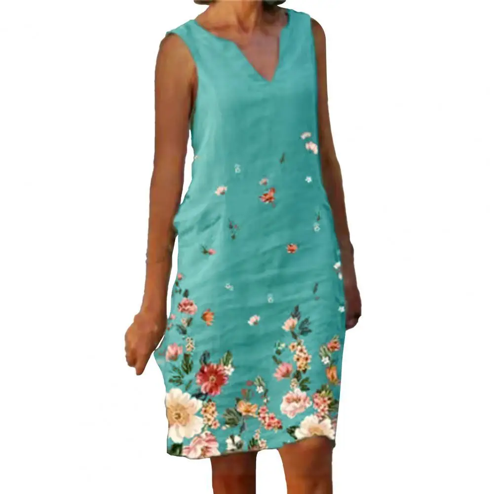 

A-line Dress V Neck Clothes Soft Floral Print Sleeveless Dress Women Dress for Daily Life