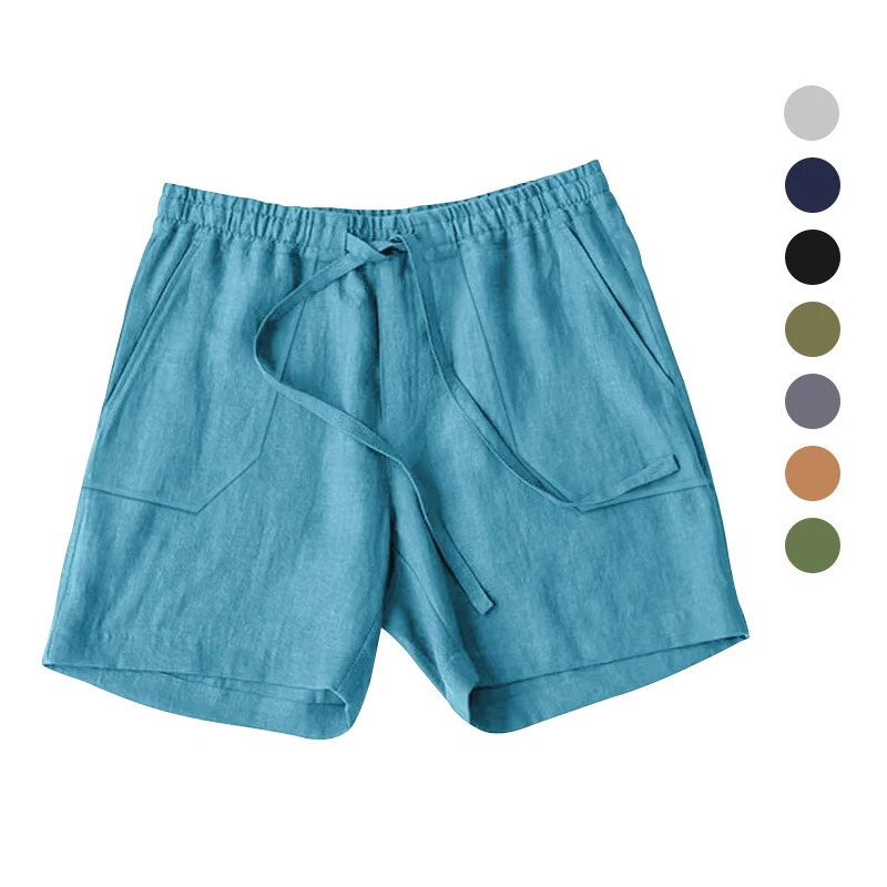 

European and American men's summer cotton and linen shorts with drawstring solid color breathable beach five point casual pants