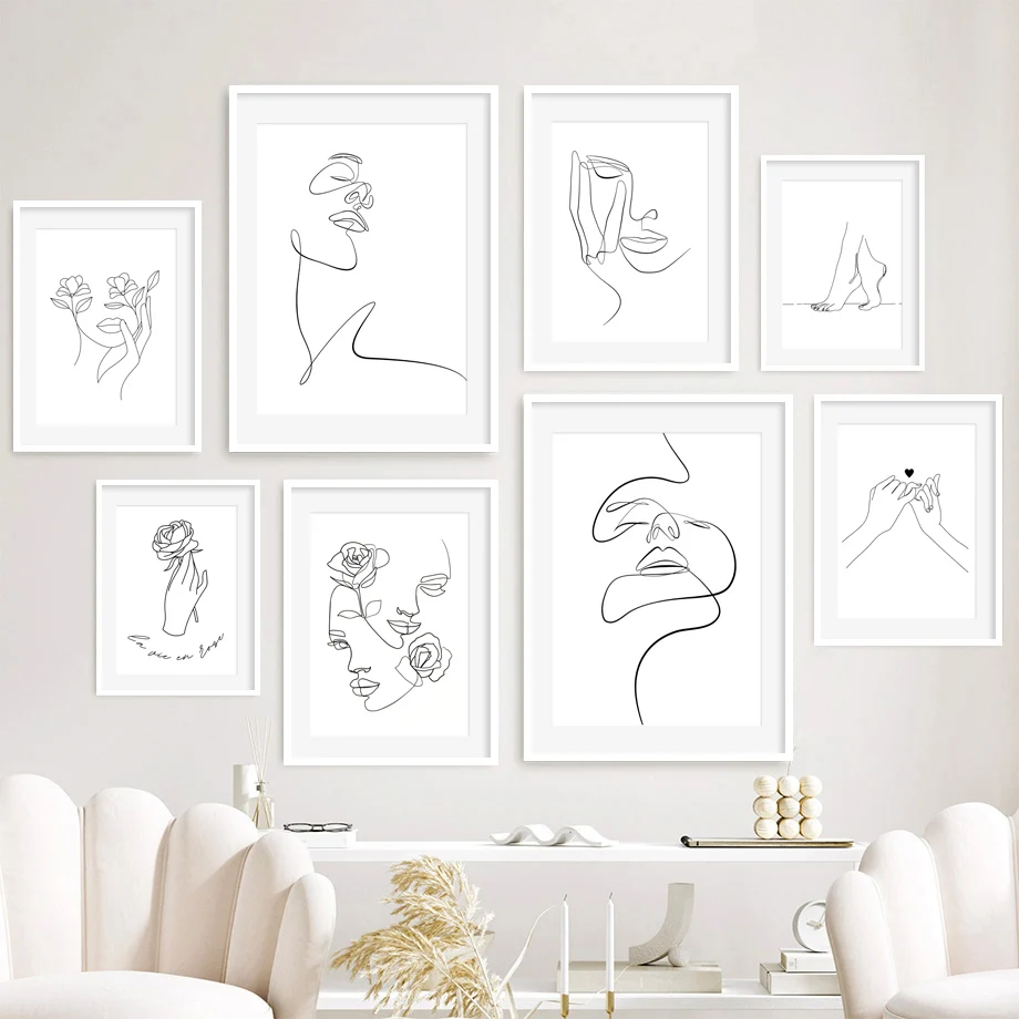 

Black White Line Girl Face Hands Flower Wall Art Canvas Painting Nordic Posters And Prints Wall Pictures For Living Room Decor