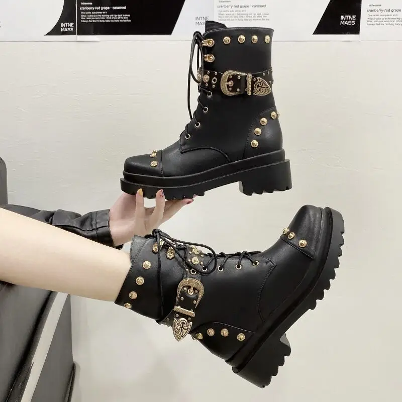 

Women Ankle Boots Punk Metal Buckle Platform Lady Sexy Leather Short Boots Motorcycle Boots Fashion Female Party Nightclub Shoes