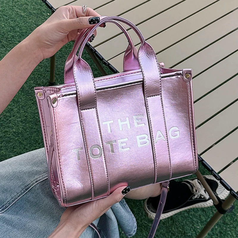 Leather Casual Tote Bags for Women 2023 New Luxury Designer Handbag Fashion High Quality Shiny Letter Large Shoulder Bag Woman