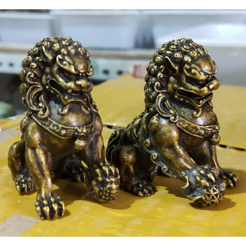 

Античная бронзовая статуя льва Fu Foo Dog, китайская старая Архаическая Защитная пара львов 5,3 см