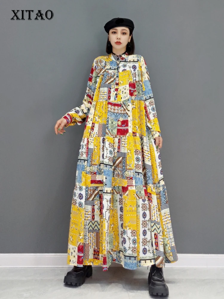 

XITAO Print Pattern Dress Fashion New Women Pleated Full Sleeve 2021 Autumn Long Elegant Minority Casual Style Dress WMD2966