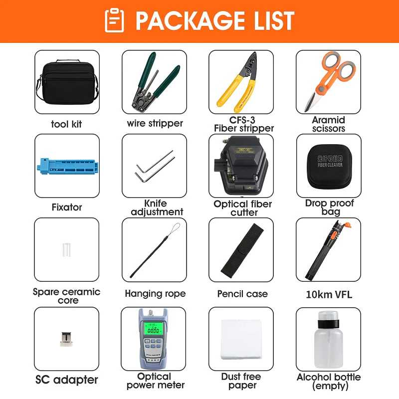 16pcs/set Fiber Optic Tool Kit with SKL-6C Fiber Cleaver and -70+10dBm/-50+26dBm Optical Power Meter 10MW Visual Fault Locator