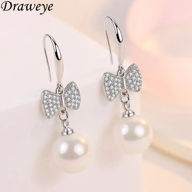 

Draweye Bows Jewelry for Women Shiny Korean Fashion Elegant Office Lady Pearls Earrings Vintage Metal Sweet Pendientes Mujer