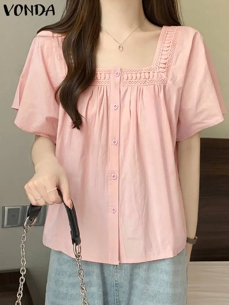 

Elegant Office Blouse 2024 VONDA Women Solid Color Shirts Fashion Casual Short Puff Sleeve Square Neck Tops Sexy Beach Blusas