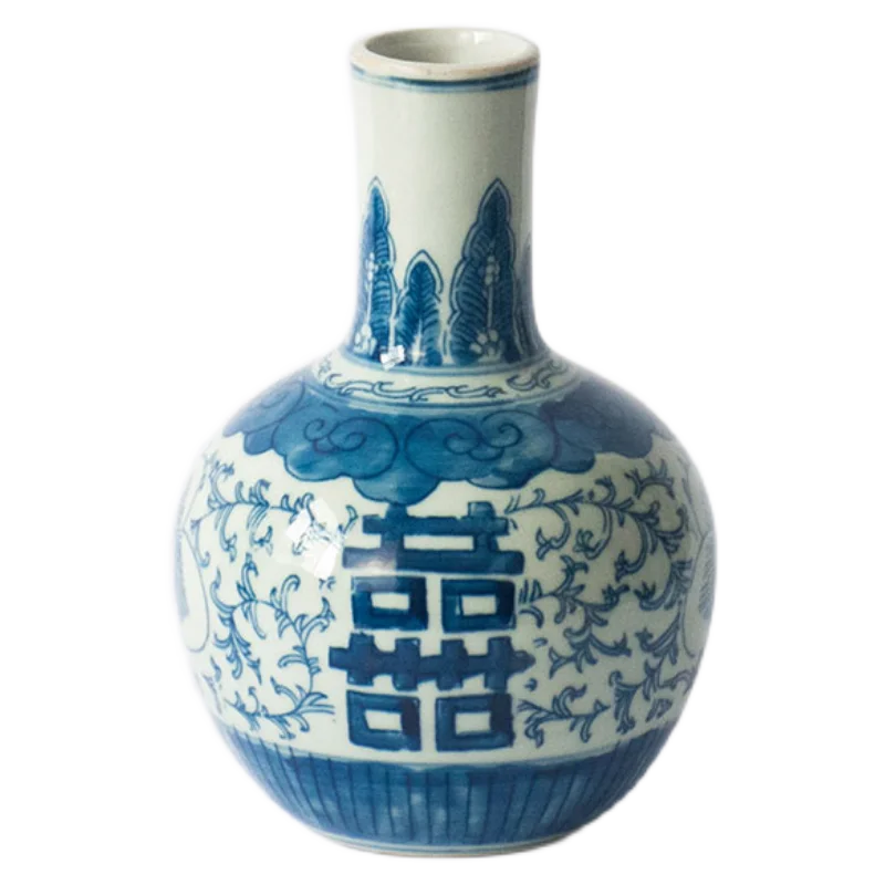 

Jingdezhen Ceramic Vase With "happiness" Characters Pure Handmade Hand-painted Blue And White Antique Handicraft