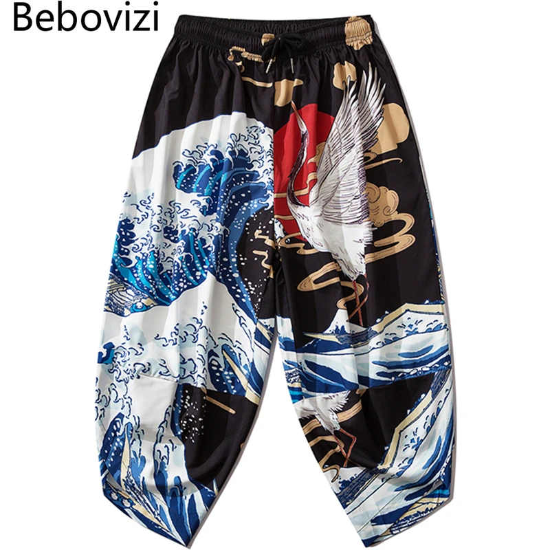 

Брюки-султанки Bebovizi унисекс, свободные штаны в японском стиле, с рисунком волн, журавлей, самурая, традиционная азиатская Мода