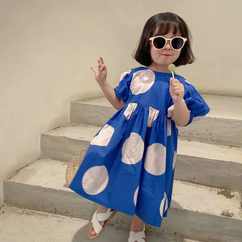 

Summer Girls Dress Korean Style Cotton Sweet Big Polka Dot Baby Blue Clothes Childrens Clothing Vestido Ocasional Frock Elbise