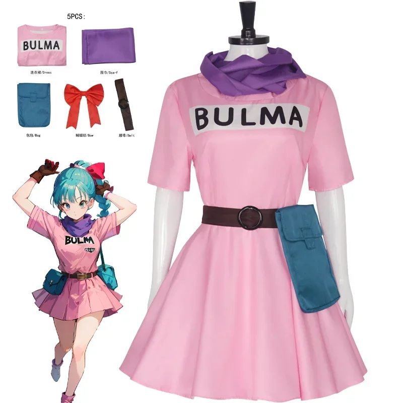 Аниме Bulma Косплей Костюм Розовое Платье Униформа Kawaii Девушки Полный Комплект