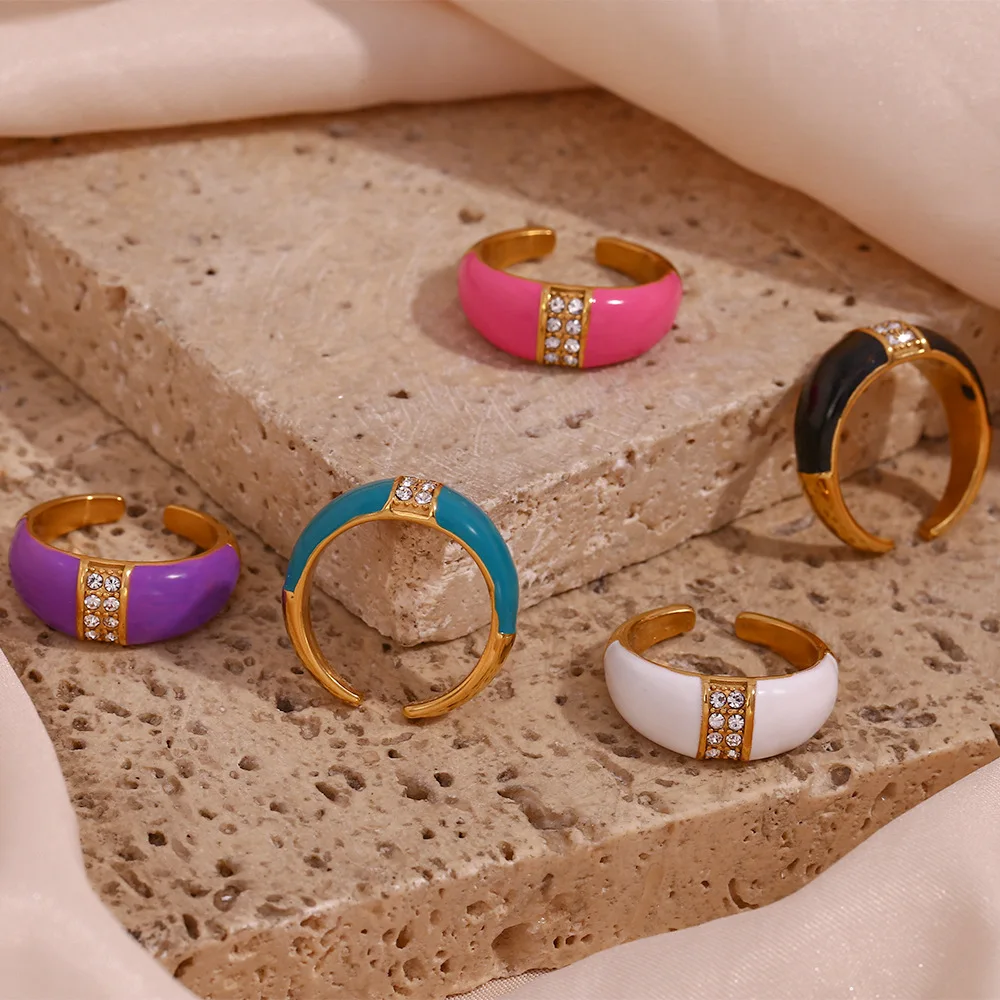 

Stainless Steel Light Luxury Inlaid Zircon Drip Oil Ring for Women Waterproof Gold Plated Jewelry Gift