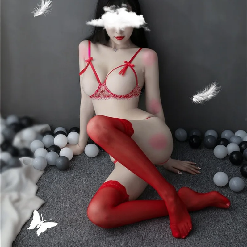 

New Sexy Lingerie Female Open Crotch Three-point Sexy Perspective Red Bundled Panties Gathered Bra Uniform Underwear Suit Female
