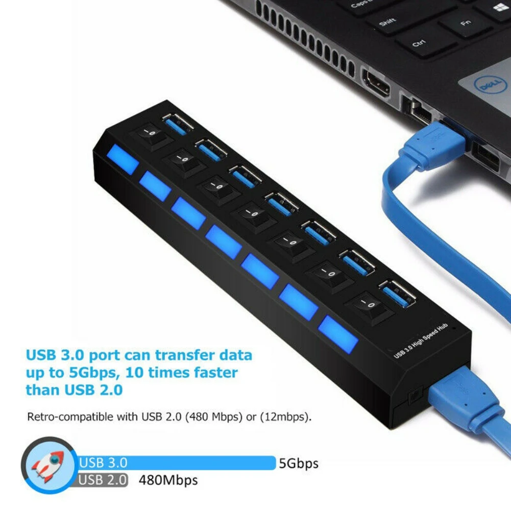 

7 Port USB 3.0 Hub Multi USB Splitter Hub USB Power Adapter US Plug USB Hub 2.0 Multiple Expander USB Hub with Switch 30CM Cable