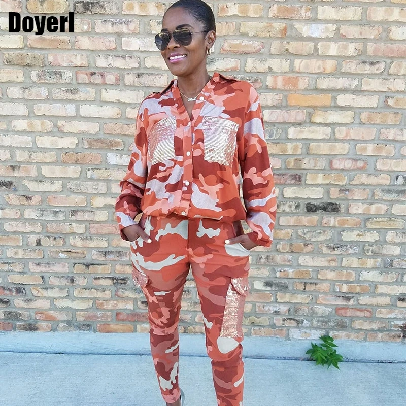 

Camo Two Piece Outfits for Women Sweatsuit Fall Clothes Sequin Oversize Blouses Top Pants Sweat Suits Matching Sets Tracksuit
