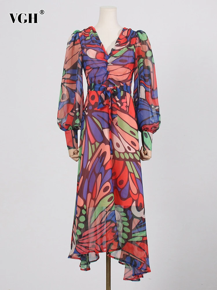 

VGH Hit Color Floral Print Elegant Dress For Women V Neck Lantern Sleeve High Waist Irregular Hem Vintage Dresses Female Fashion