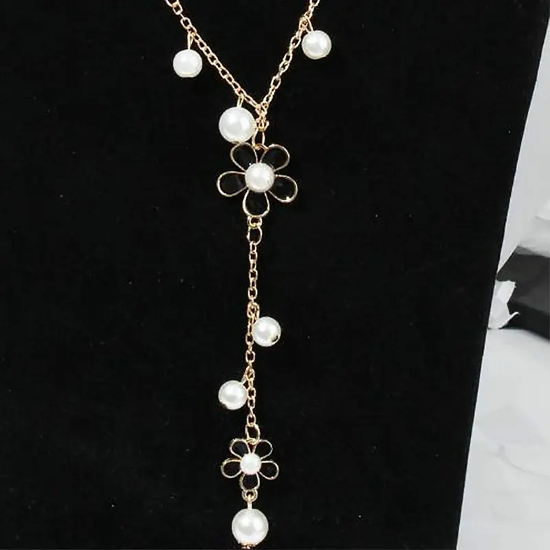 Женская цепочка с пятилепестками длинное ожерелье из искусственного жемчуга