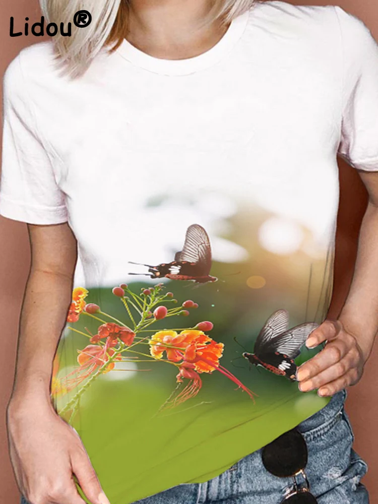 

Summer Butterfly Printed Loose Oversized T-shirt Women's Clothing Short Sleeve Round Neck Vintage Elegant All-match Top Female