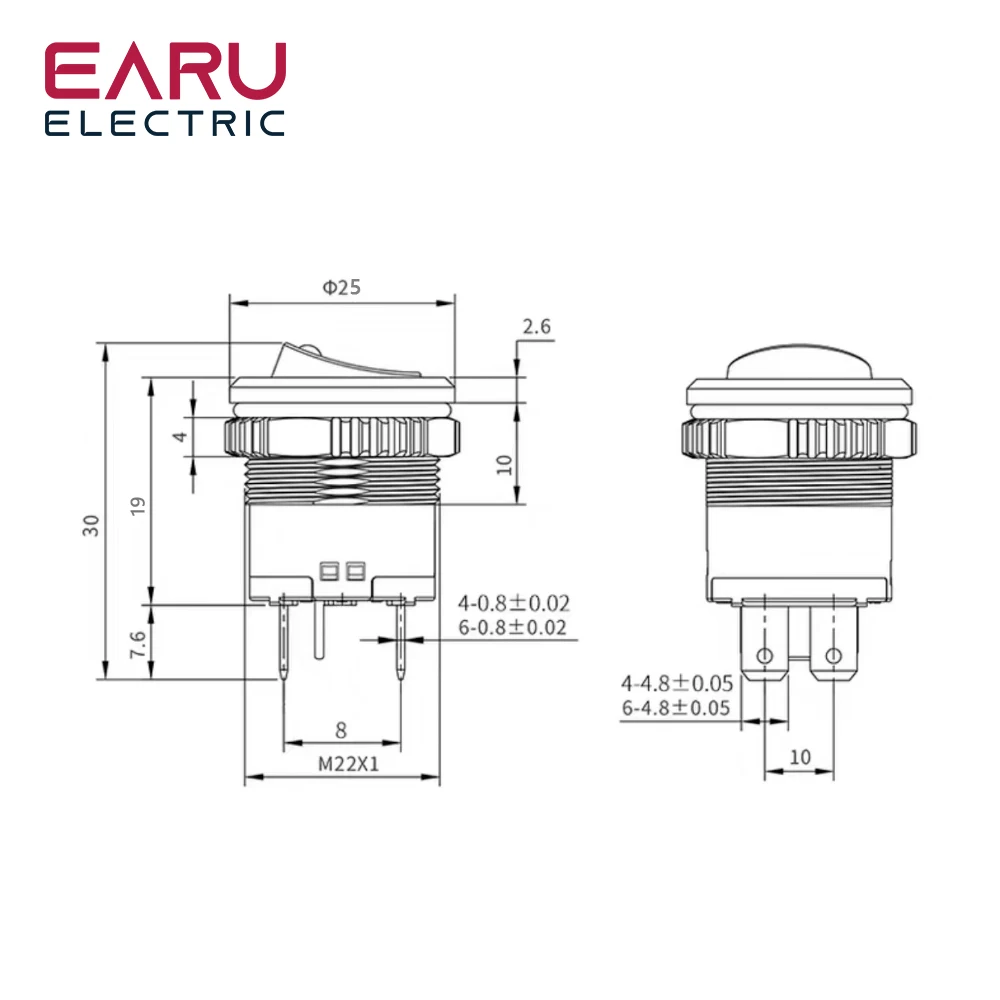 22mm 2NO Metal Button Rocker Switch Stainless Steel 15A 12V Self-locking Two Positions Car Toggle Switches 250V 16A 4 Pins Red