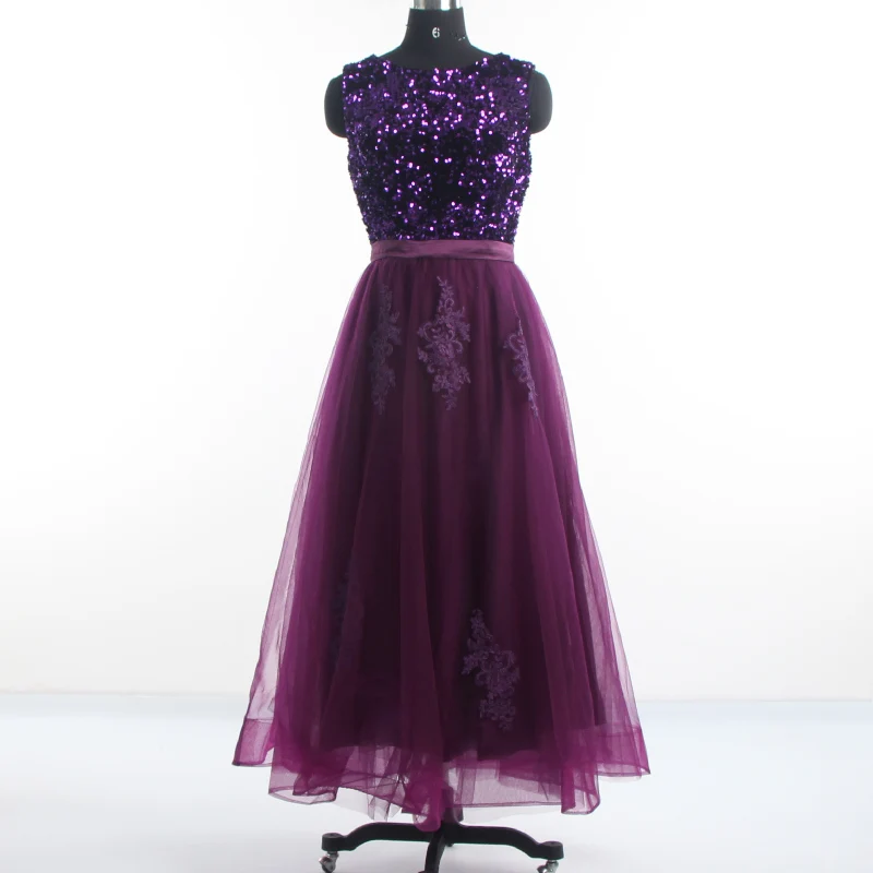 

Evening Dresses Purple Sequins Tulle Appliques Ankle-length A-line Sleeveless O-neck Zipper Back Plus size Party Dress LF146